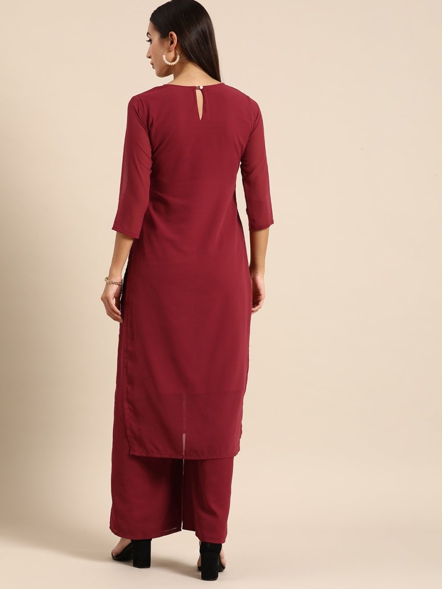 All About You Women Maroon Ethnic Motifs Embroidered Chikankari Kurta with Palazzos