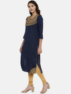Souchii Navy Blue & Gold-Toned Striped A-Line Kurta - Distacart