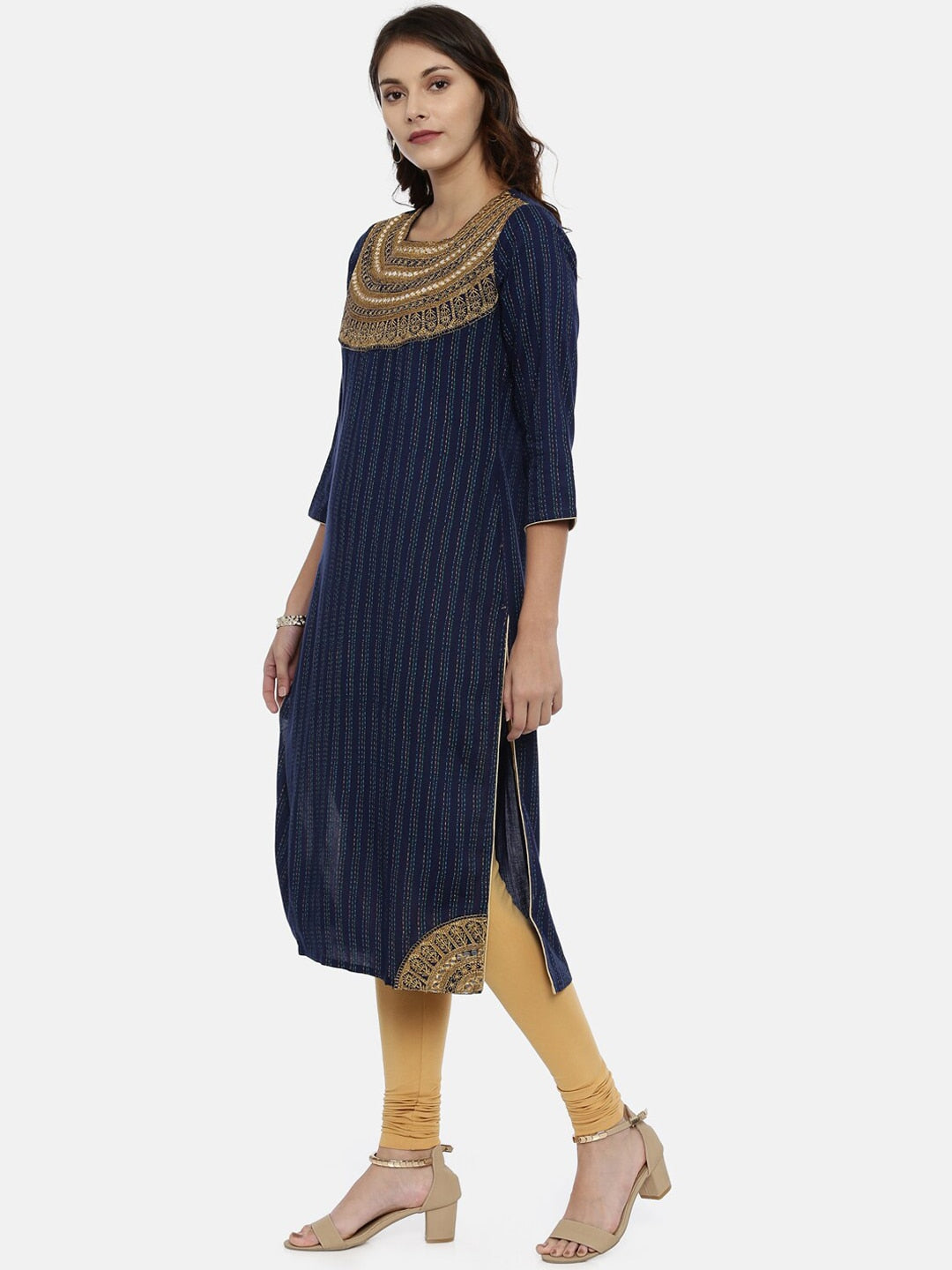 Souchii Navy Blue & Gold-Toned Striped A-Line Kurta - Distacart