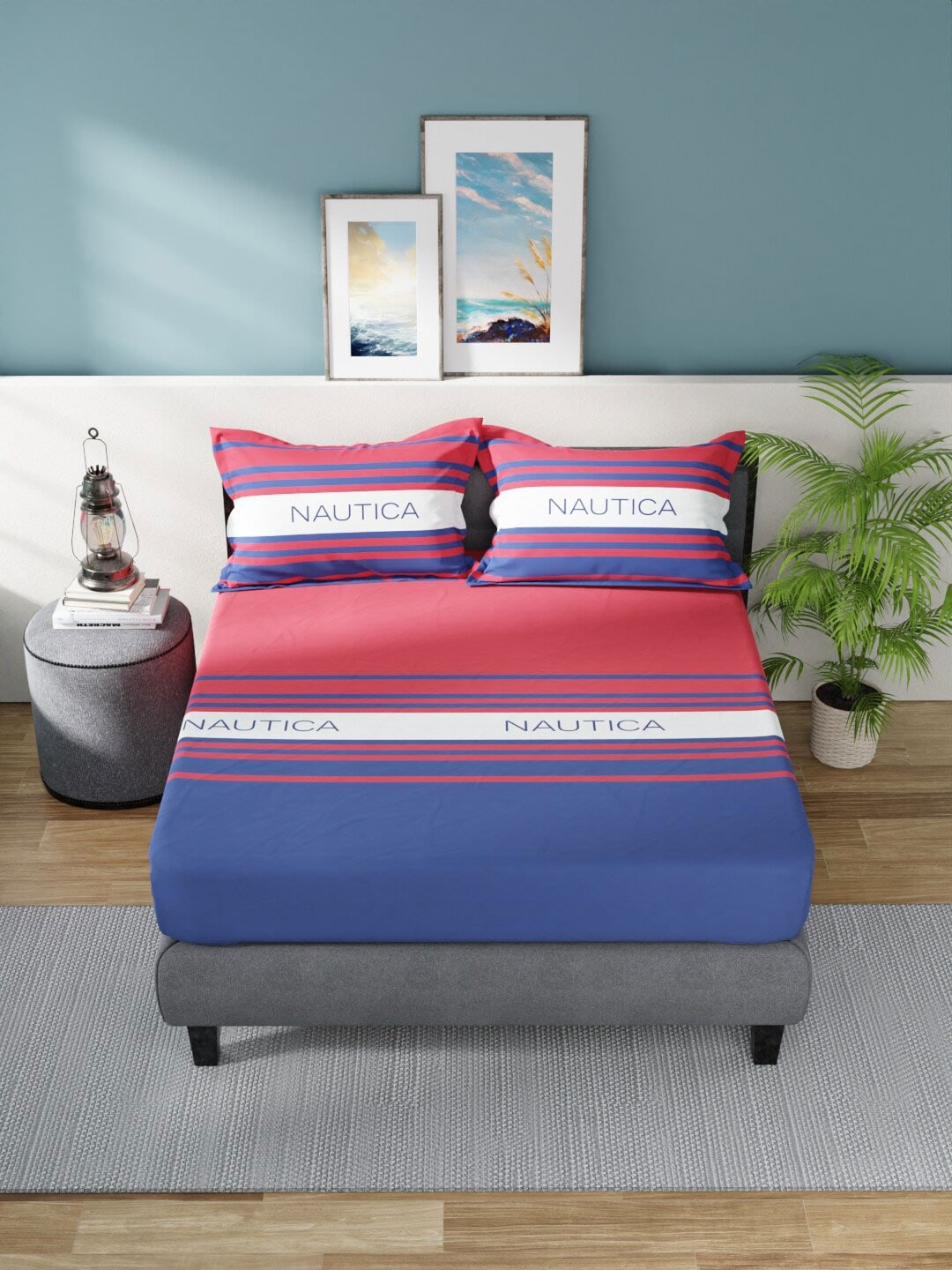 Nautica Bradford Red & Blue Striped 160 TC Pure Cotton King Bedsheet & 2 Pillow Covers