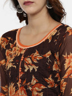 Souchii Brown & Orange Floral Printed Chiffon Maxi Dress - Distacart