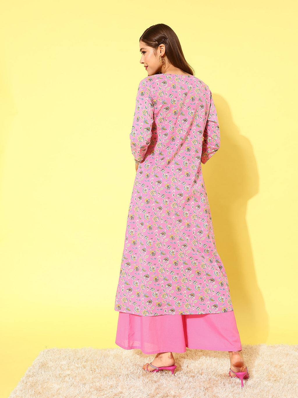 HERE&NOW Women Pink Floral Printed Regular Pure Cotton Kurta with Palazzos