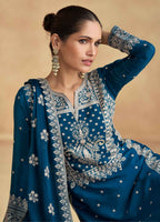 Vastranavya Teal Chinon Silk Embroidered Sequins Pakistani Straight Plaazo Suit