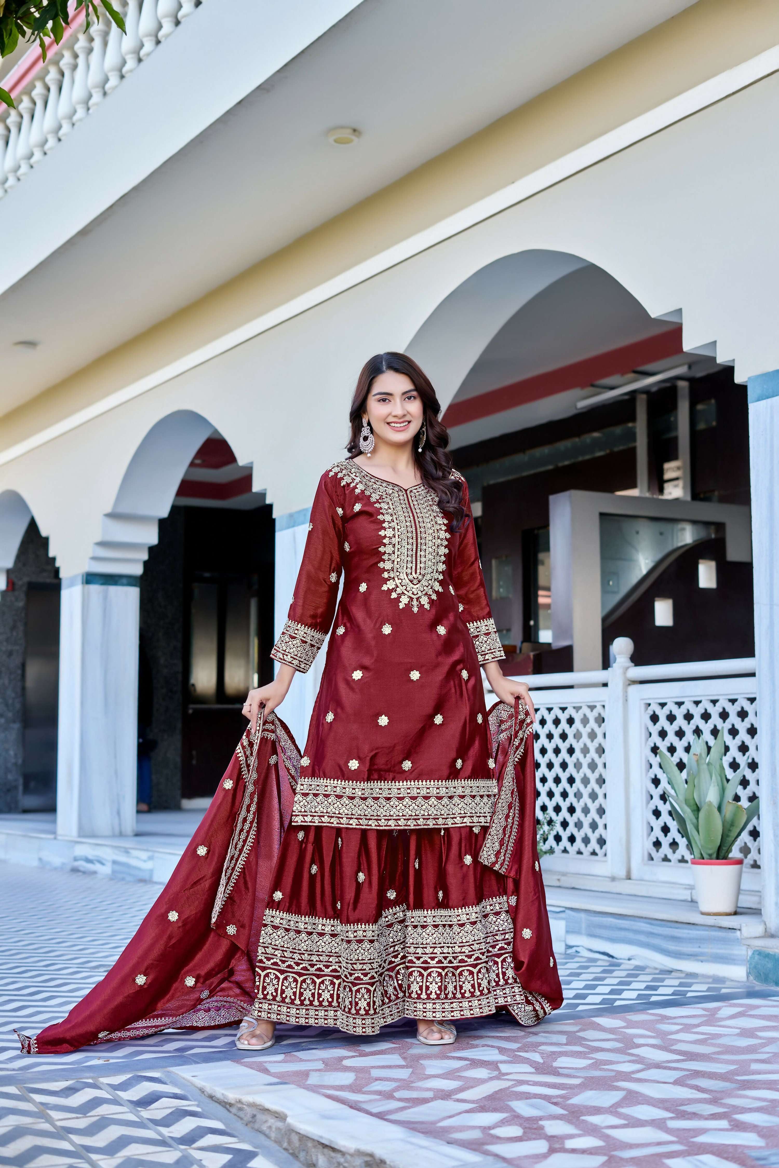 Teeya Creation Maroon Color Chinon Silk Heavy Embroidery Work Wedding Wear Sharara - Distacart