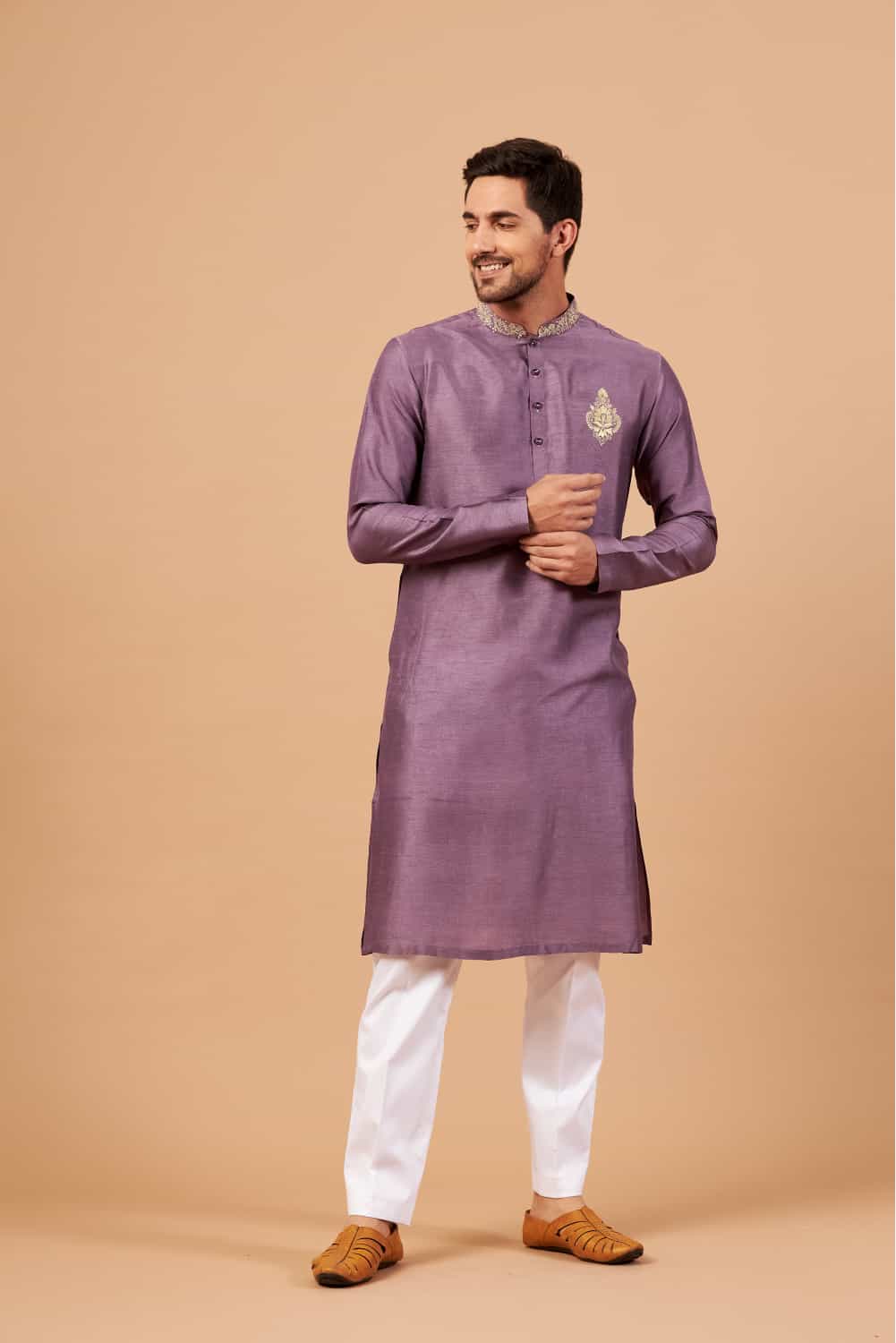Inara Gold Embroidered Violet Kurta by Hilo Design