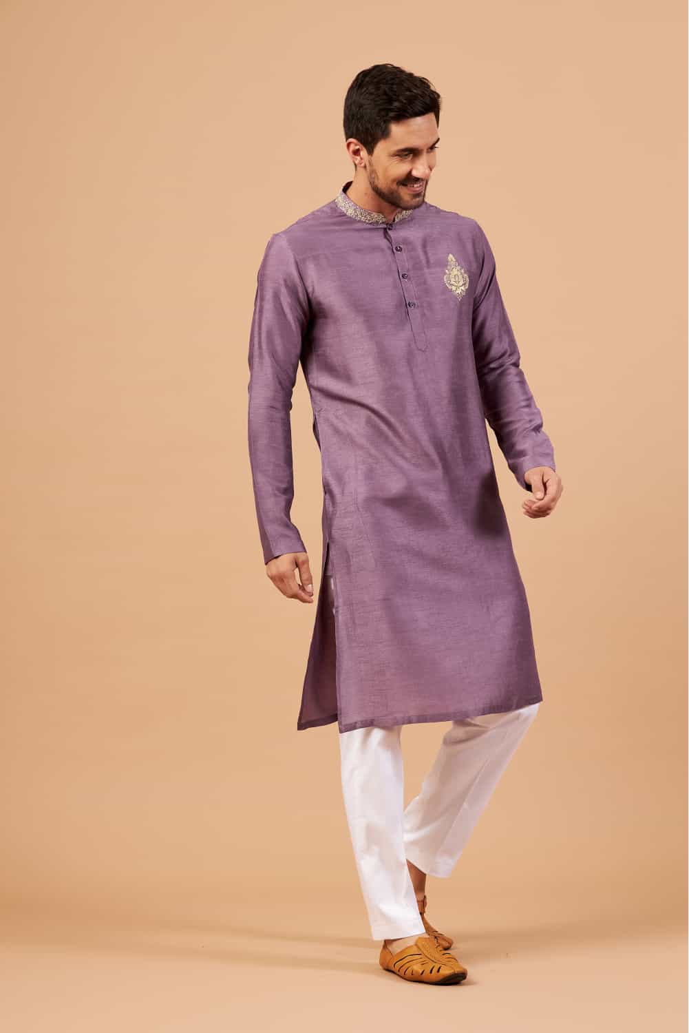 Inara Gold Embroidered Violet Kurta by Hilo Design