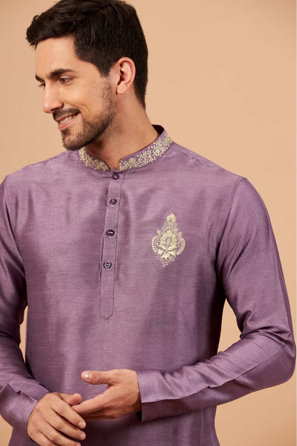 Inara Gold Embroidered Violet Kurta by Hilo Design