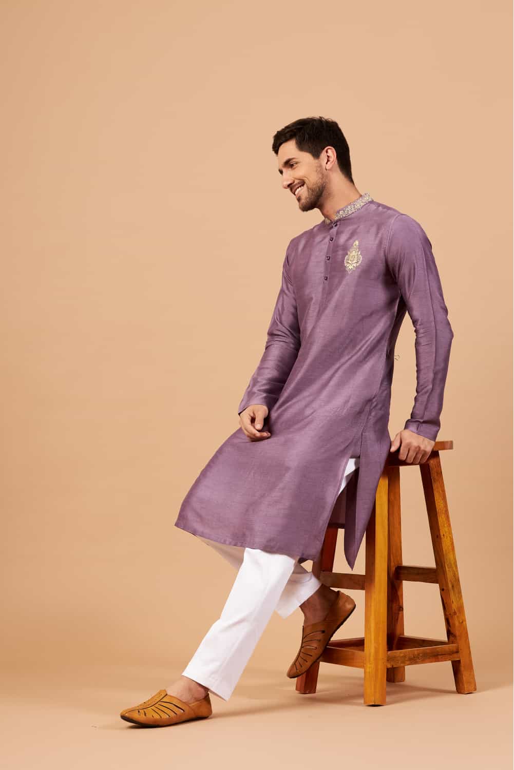 Inara Gold Embroidered Violet Kurta by Hilo Design
