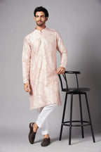 Ilaria Gold Zari Abstract Embroidered Peach Kurta by Hilo Design