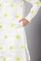 Mogra Yellow Leaf Embroidered Kurta by Hilo Design
