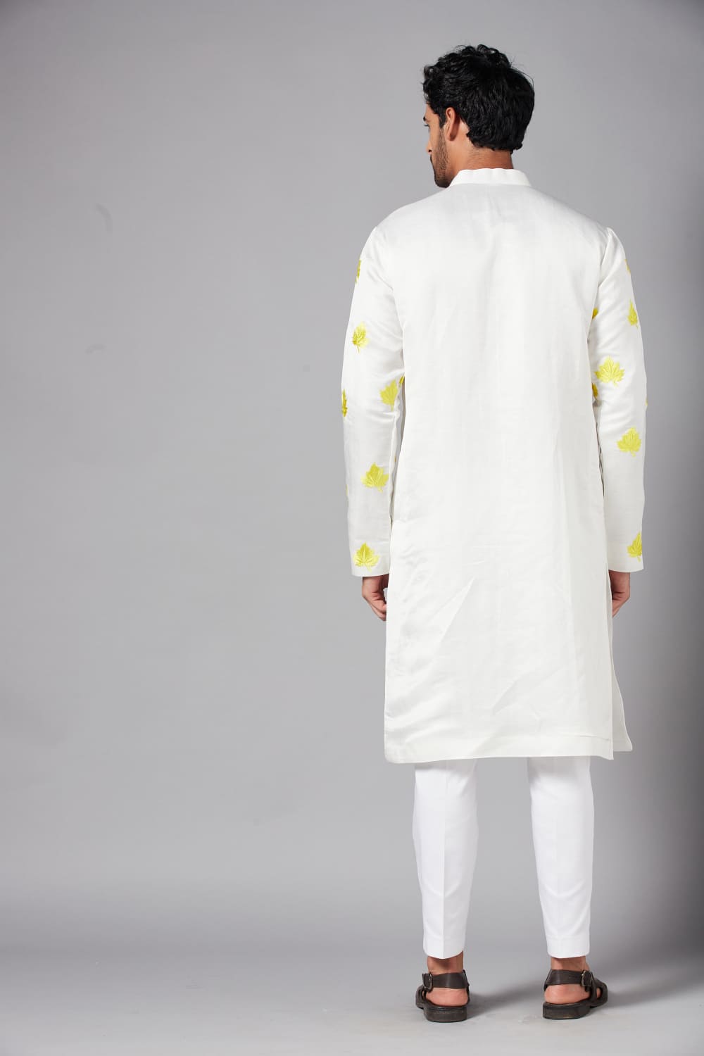 Mogra Yellow Leaf Embroidered Kurta by Hilo Design
