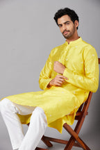 Saanjh Yellow Embroidered Kurta by Hilo Design