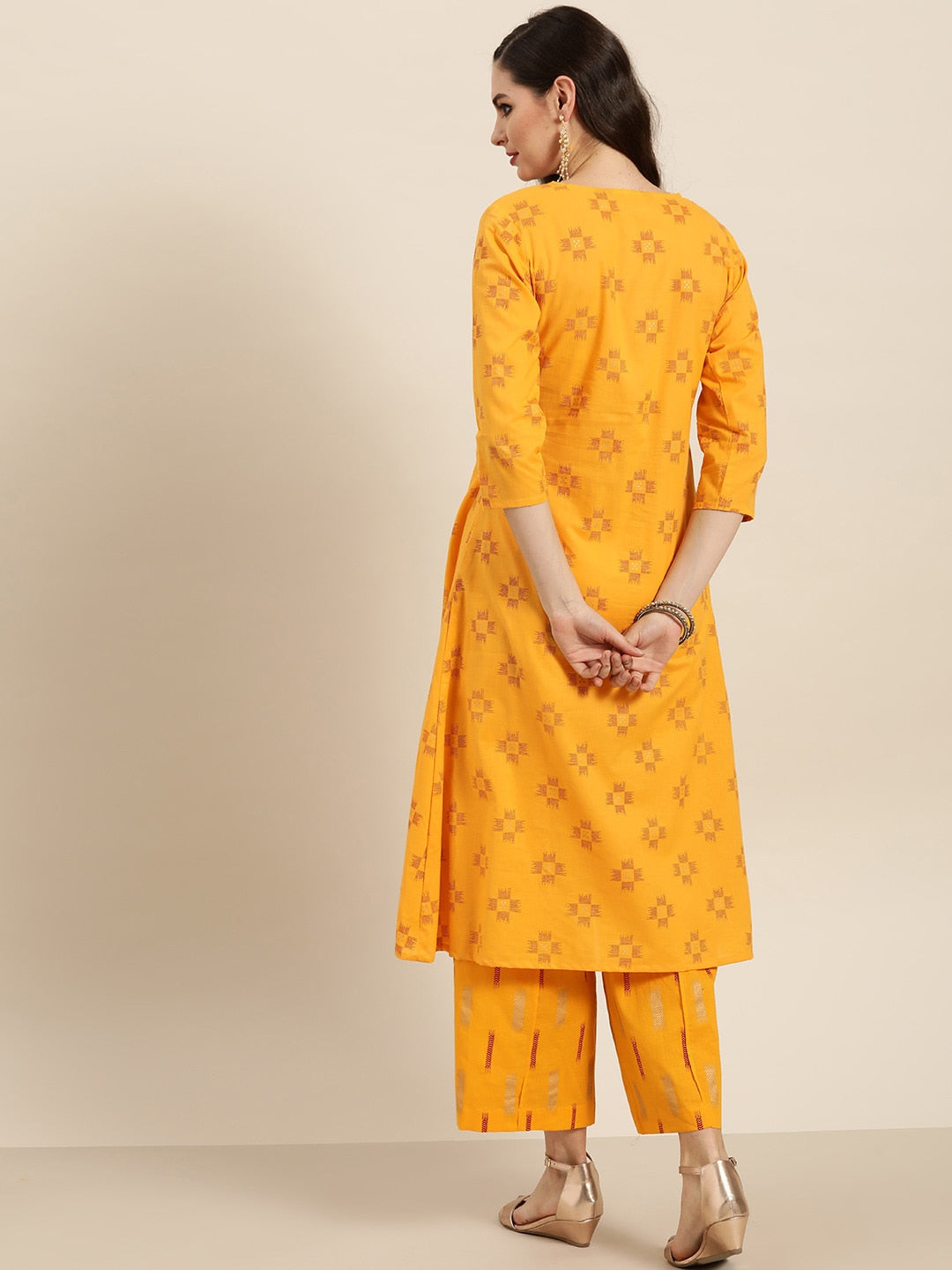Sangria Women Mustard Yellow & Red Pure Cotton Printed Kurta with Palazzos