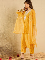 Indo Era Floral Yoke Design V-Neck Straight Kurta With Trousers & Dupatta - Distacart