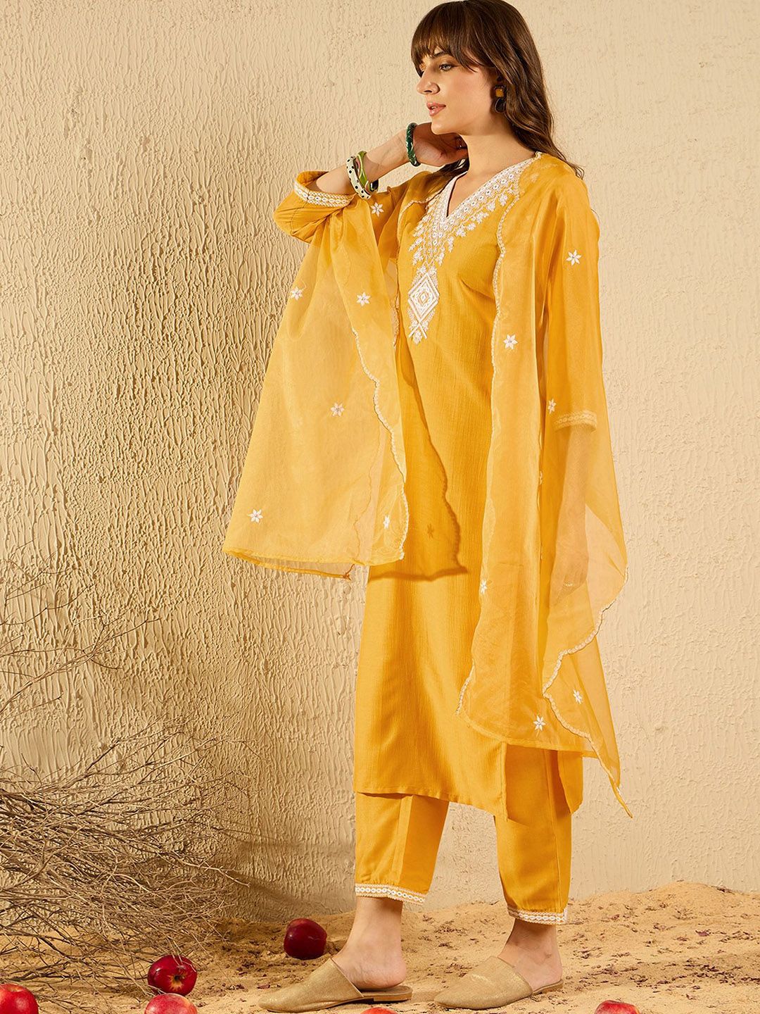 Indo Era Floral Yoke Design V-Neck Straight Kurta With Trousers & Dupatta - Distacart