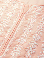 ADA Women Peach-Coloured & White Chikankari Embroidered Cotton Straight Sustainable Kurta
