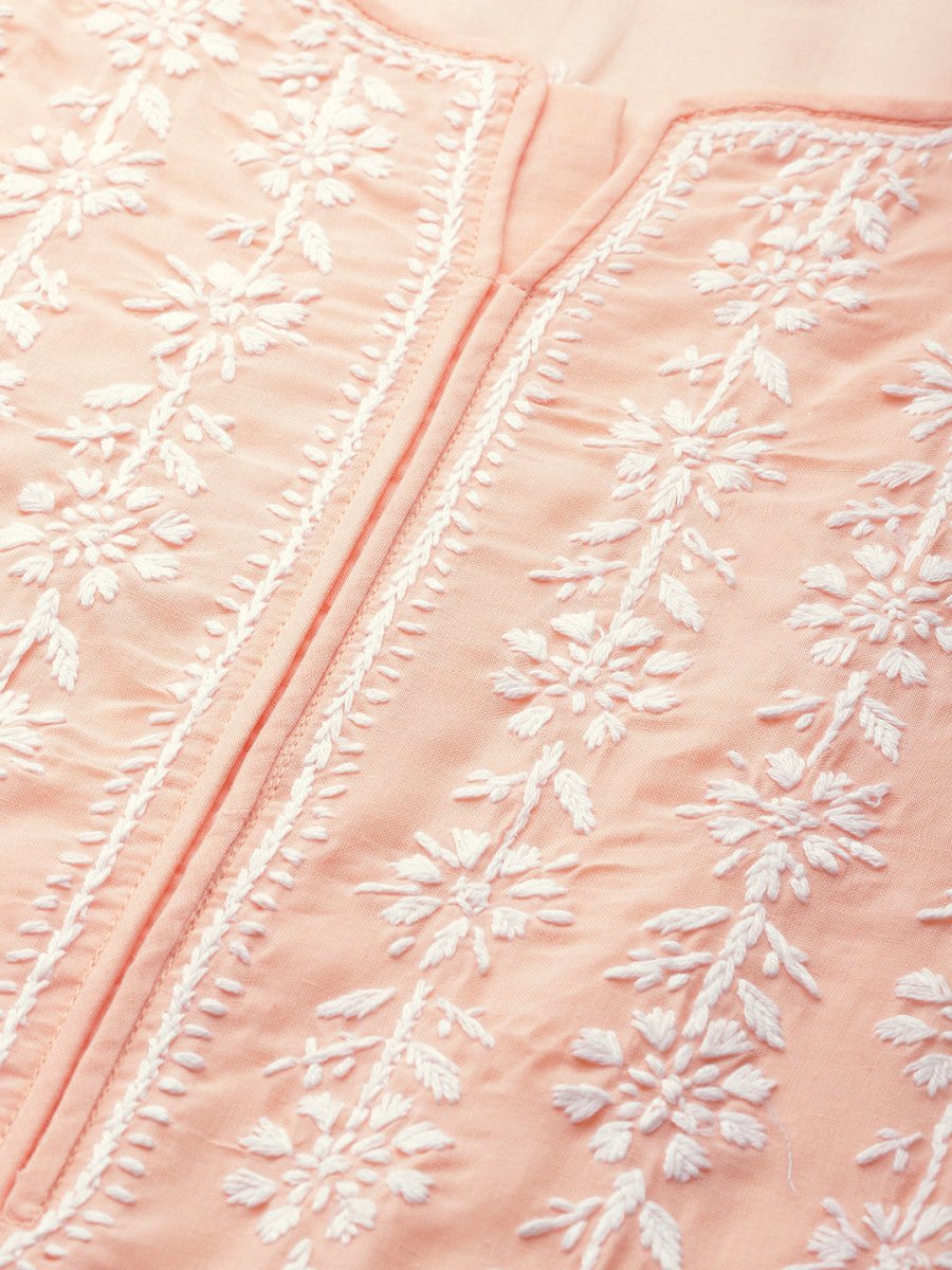 ADA Women Peach-Coloured & White Chikankari Embroidered Cotton Straight Sustainable Kurta