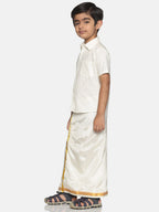 Sethukrishna Boys Cream-Coloured Solid Shirt with Veshti Set