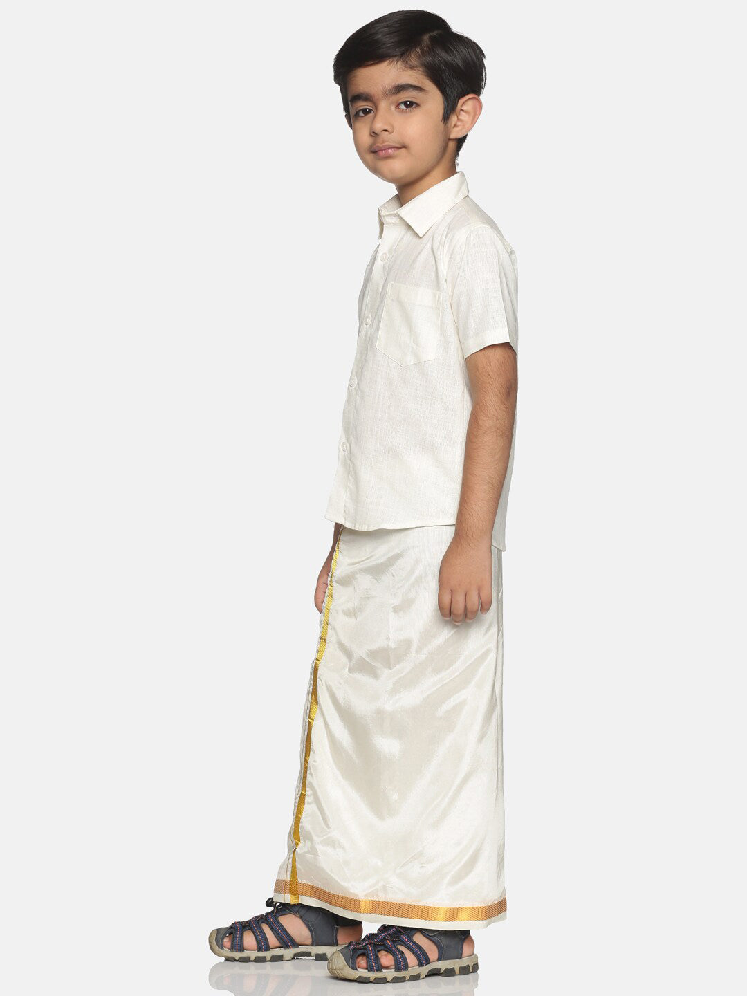 Sethukrishna Boys Cream-Coloured Solid Shirt with Veshti Set