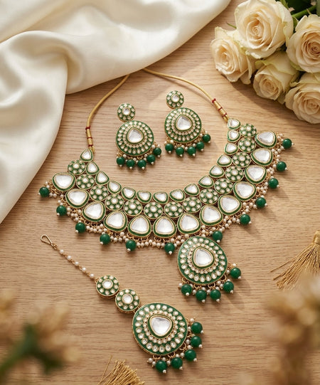 Jewel City Handcrafted Kundan Choker Necklace Set | Gold Plated | Emerald Green | Wedding & Festival Jewelry