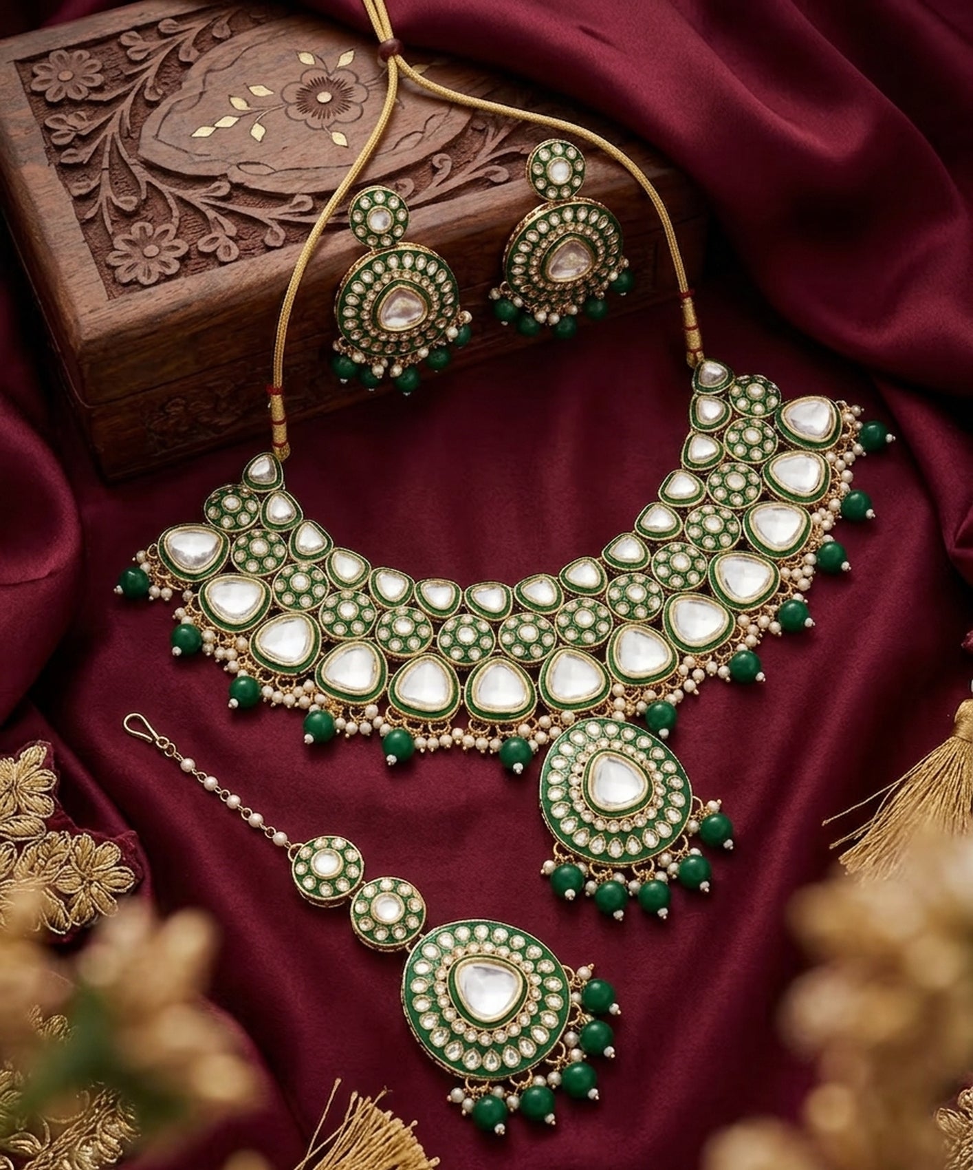 Jewel City Handcrafted Kundan Choker Necklace Set | Gold Plated | Emerald Green | Wedding & Festival Jewelry - Distacart