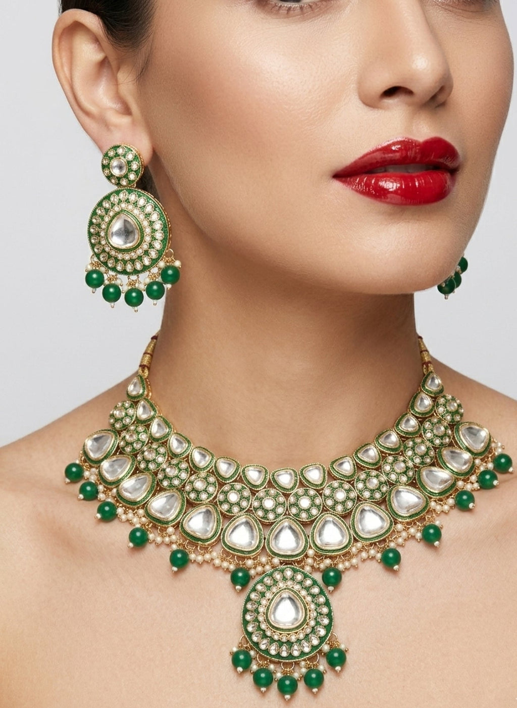 Jewel City Handcrafted Kundan Choker Necklace Set | Gold Plated | Emerald Green | Wedding & Festival Jewelry - Distacart