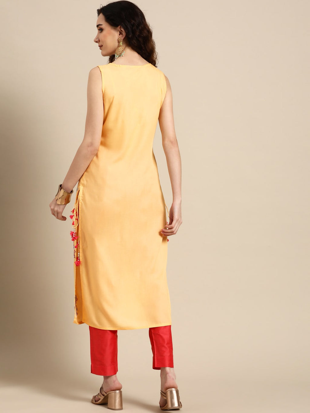 Sangria Women Yellow Floral Embroidered Sequinned Kurta with Trousers