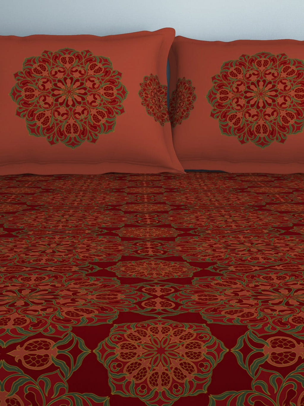 SPACES Aurum Red Ethnic Motifs Pure Cotton 140 TC Queen Bedsheet with 2 Pillow Covers