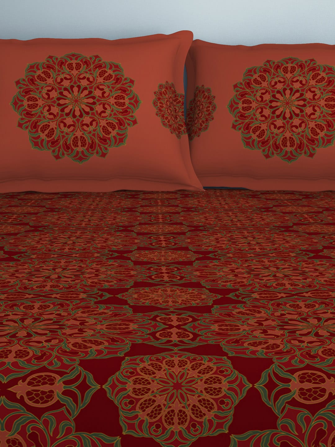 SPACES Aurum Red Ethnic Motifs Pure Cotton 140 TC Queen Bedsheet with 2 Pillow Covers