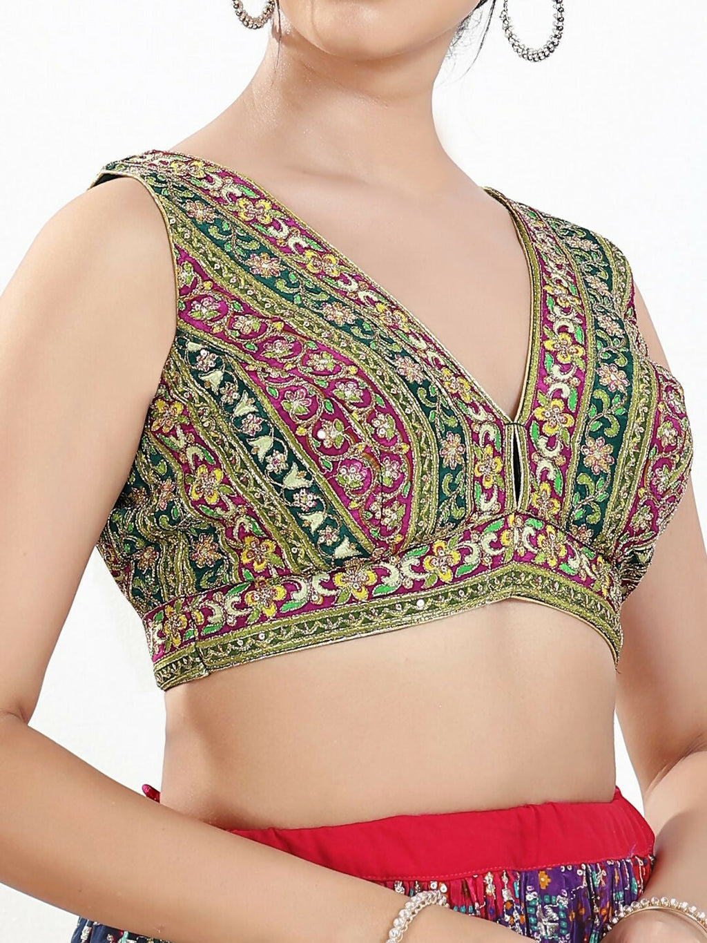 Joban Fashion Green Multi Georgette Padded Blouse With V Neck Sleeveless - Distacart