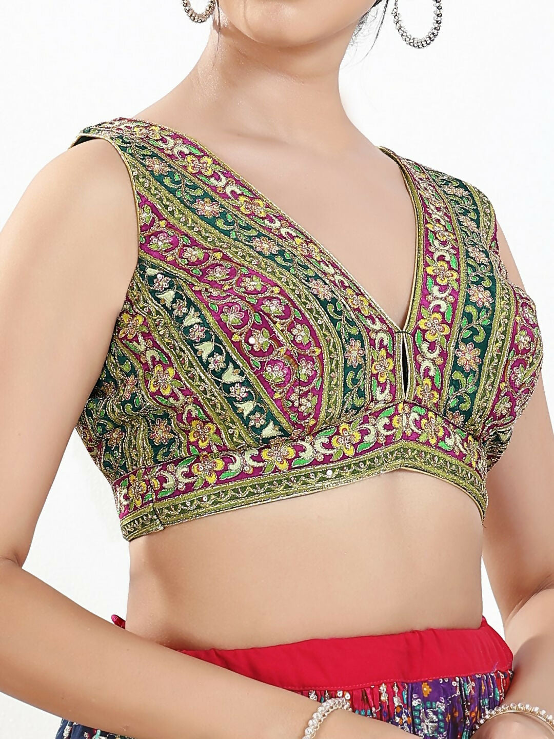 Joban Fashion Green Multi Georgette Padded Blouse With V Neck Sleeveless - Distacart