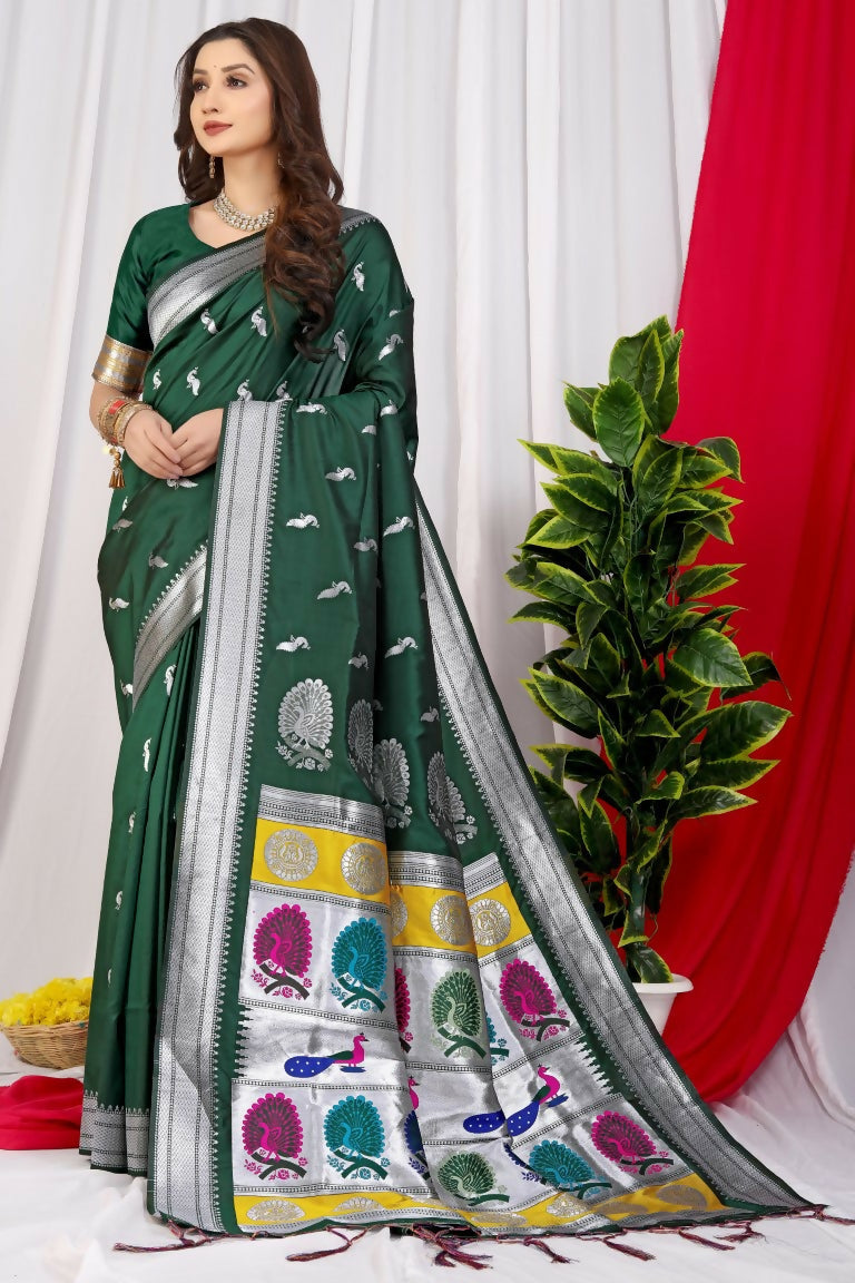 Jyoti Fashion Women's Bottle Green Paithani Silk Zari Woven Saree with Blouse