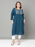 Sztori Plus Size Floral Yoke Design Mirror Work Straight Kurta