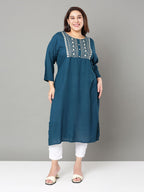 Sztori Plus Size Floral Yoke Design Mirror Work Straight Kurta