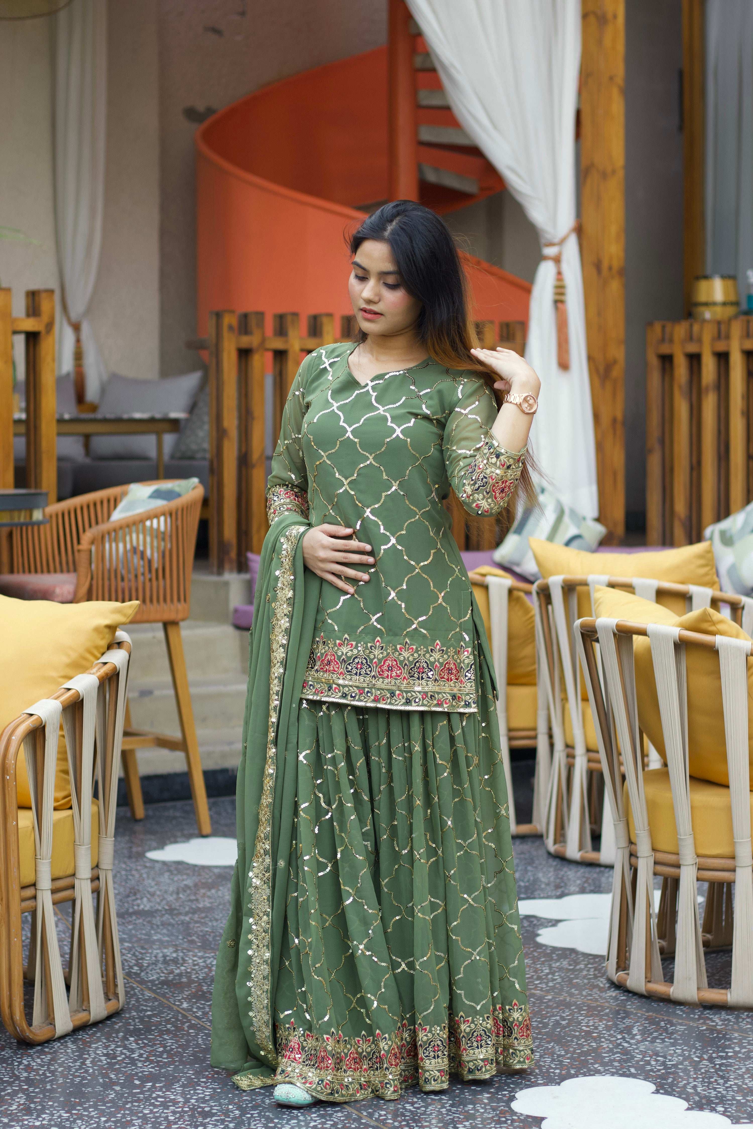 Yash Enterprise Green Georgette Embroidery Party Wear Suit Set - Distacart