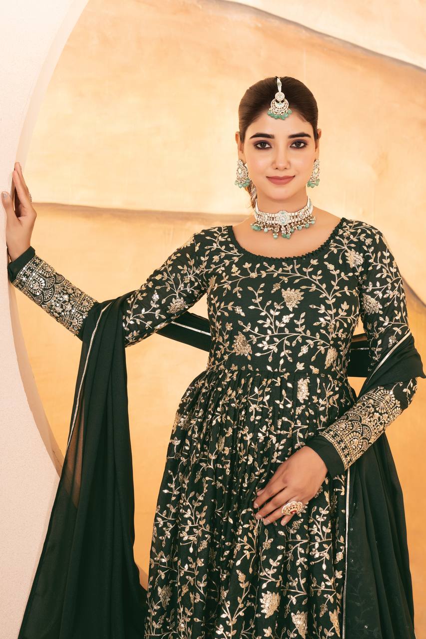 Yash Enterprise Dark Green Star Georgette Embroidered Suit Set - Distacart