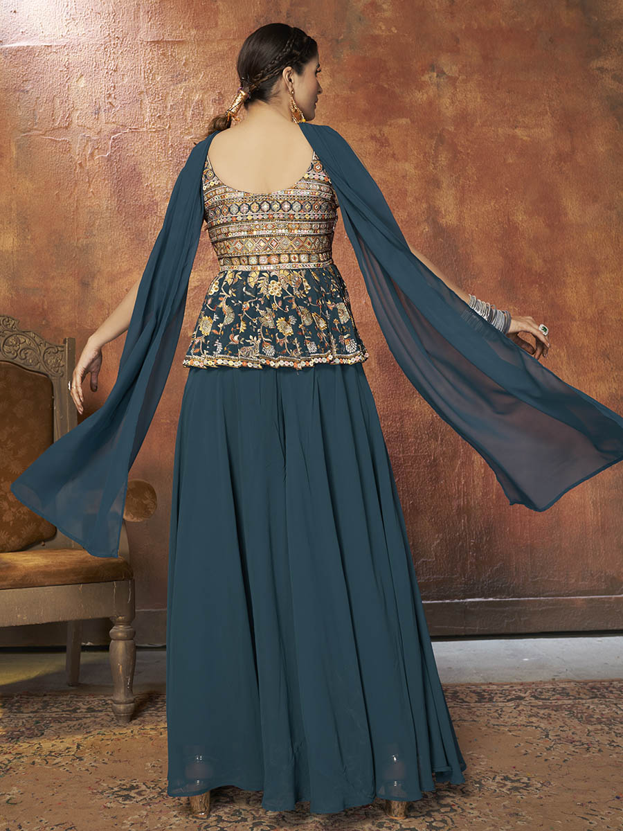 Myra Aequa Blue Georgette Embroidered Designer Suit