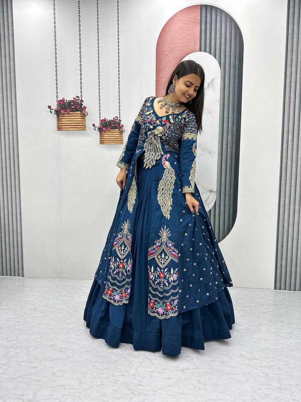 Yash Enterprise Rama Green Vichitra Silk Party Wear Embroidery Crop Top With Blouse Lehenga Choli - Distacart
