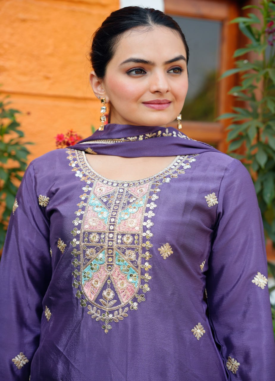 Yash Enterprise Purple Chinon Silk Party Wear Embroidery Suit Set - Distacart