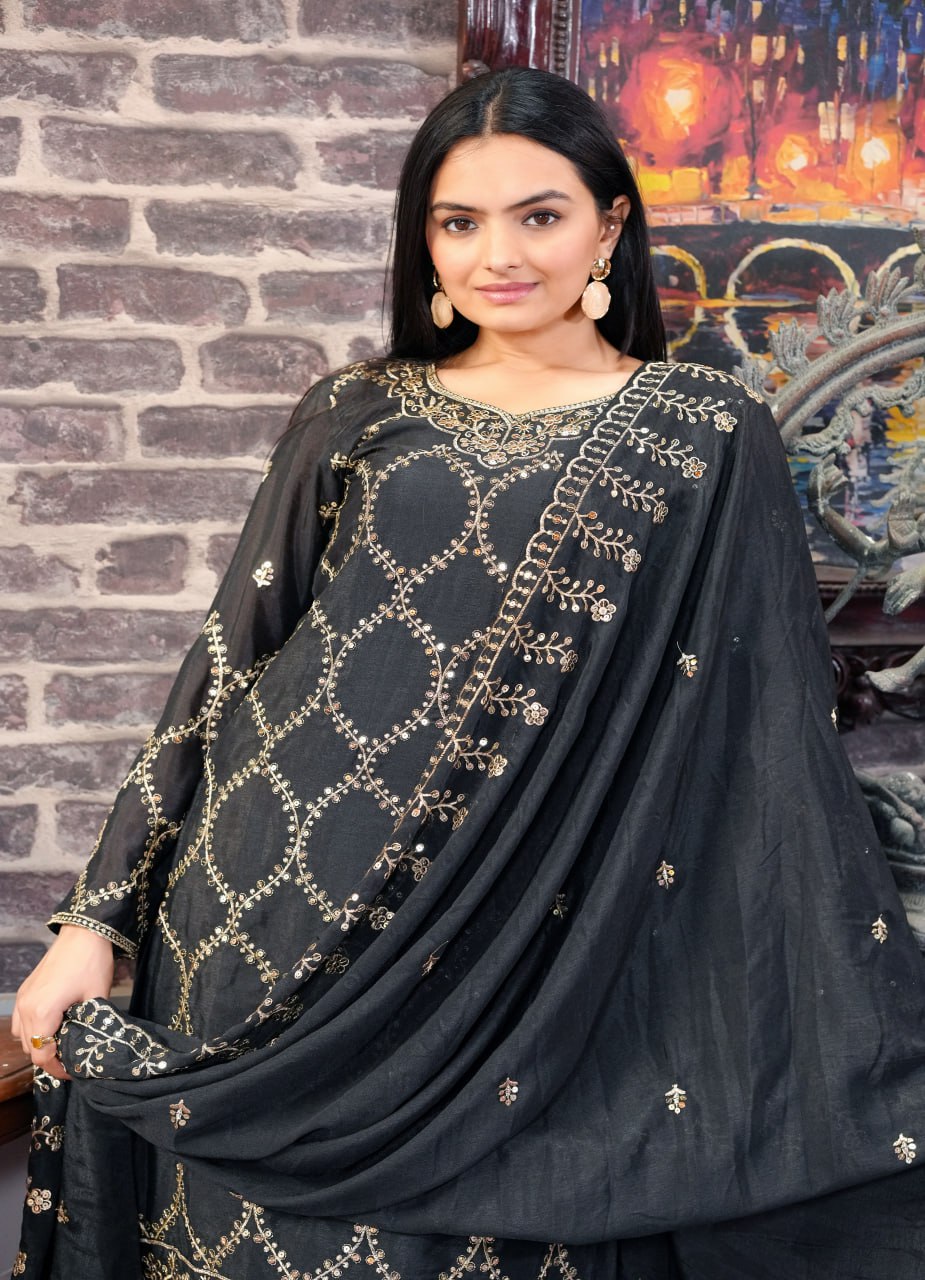 Yash Enterprise Black Chinon Silk Party Wear Embroidery Party Wear Suit Set - Distacart