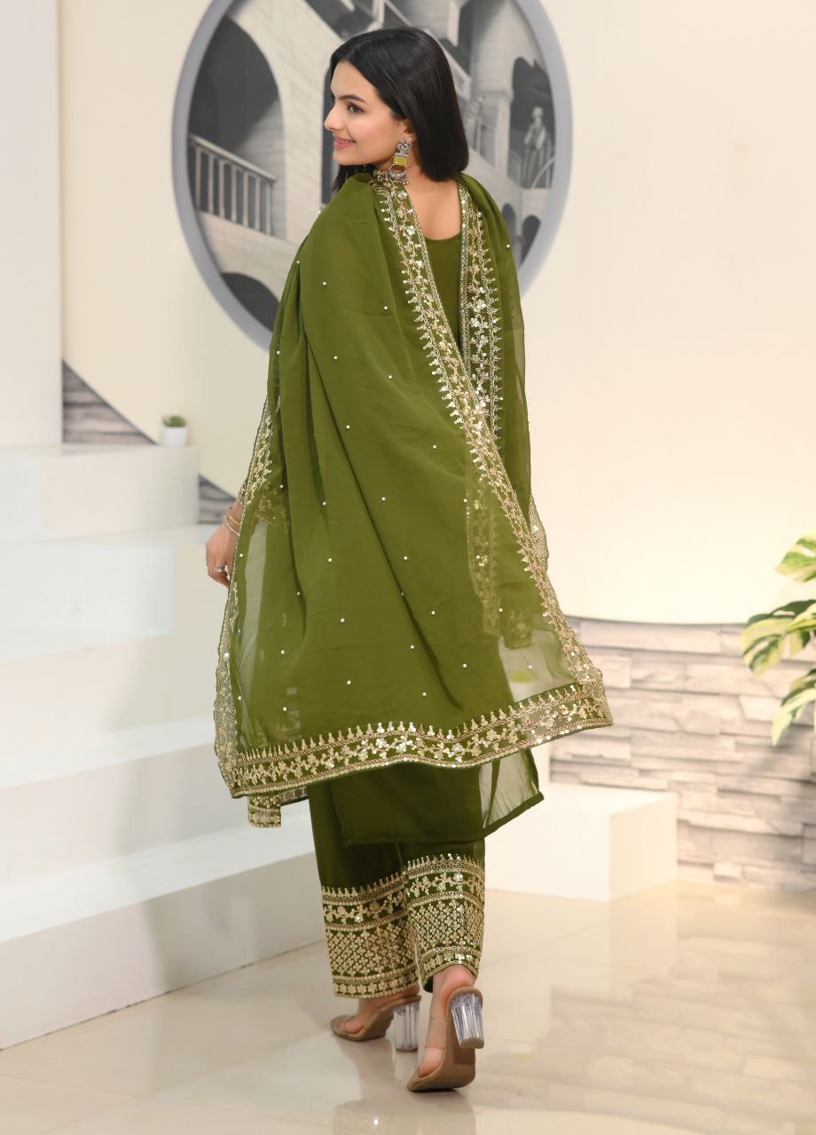 Yash Enterprise Alluring Fox Georgette Olive Embroidery Work Readymade Salwar Suit - Distacart