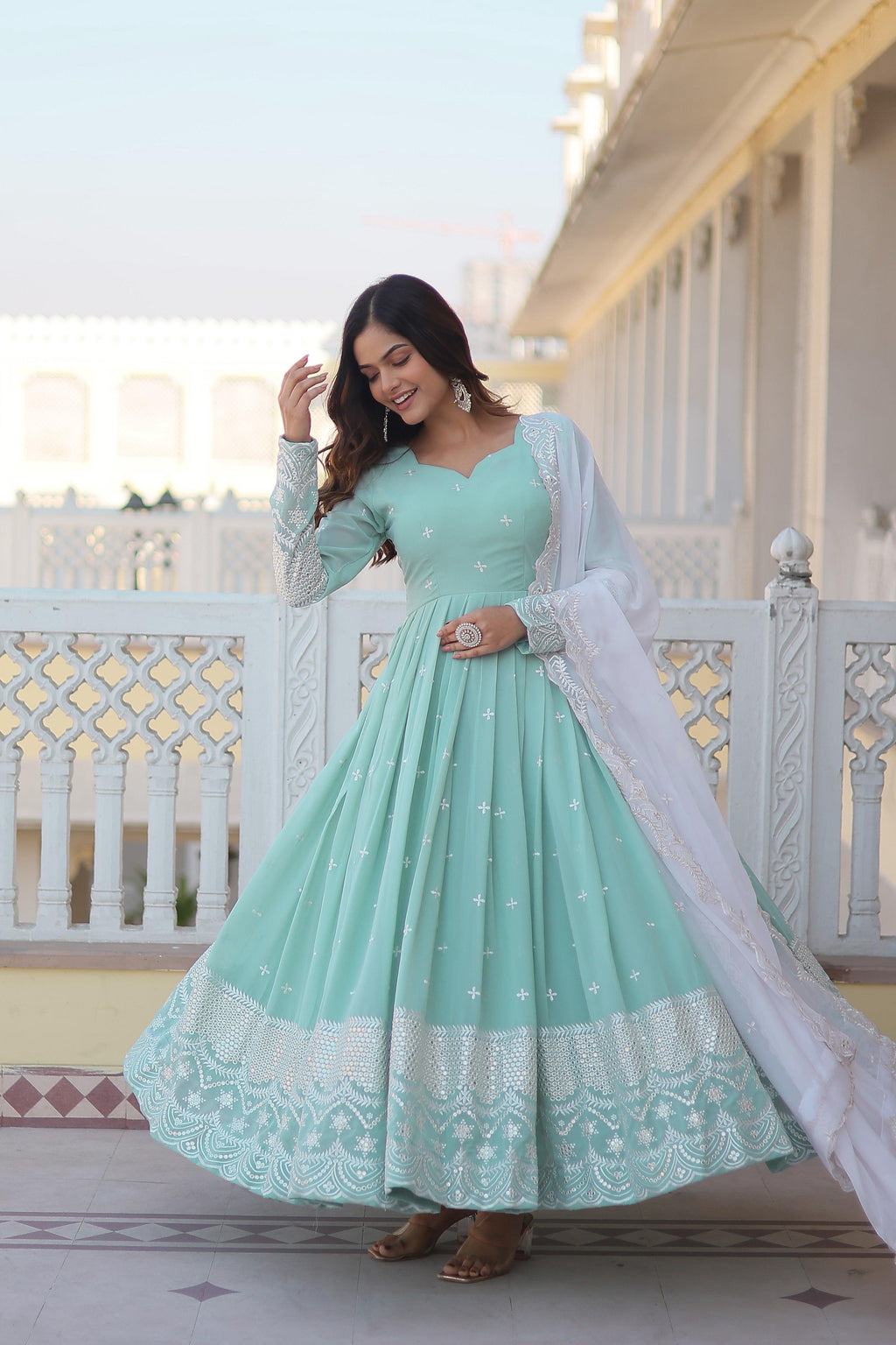 Yash Enterprise Green Pista Faux Georgette Party Wear Embroidery Suit Set - Distacart