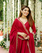 Yash Enterprise Red Roman Silk Embroidery Suit Set - Distacart