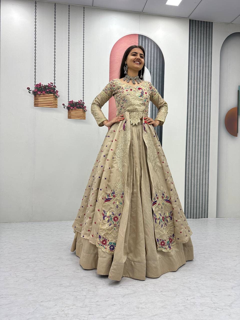 Yash Enterprise Cream Vichitra Silk Party Wear Embroidery Crop Top With Blouse Lehenga Choli - Distacart