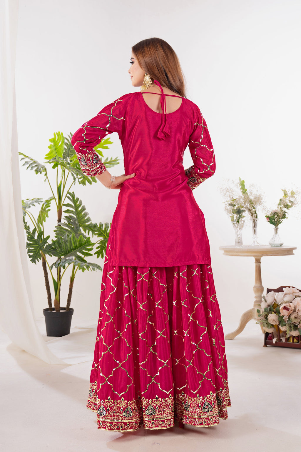 Yash Enterprise Red Chinnon Silk Embroidery Party Wear Suit Set - Distacart