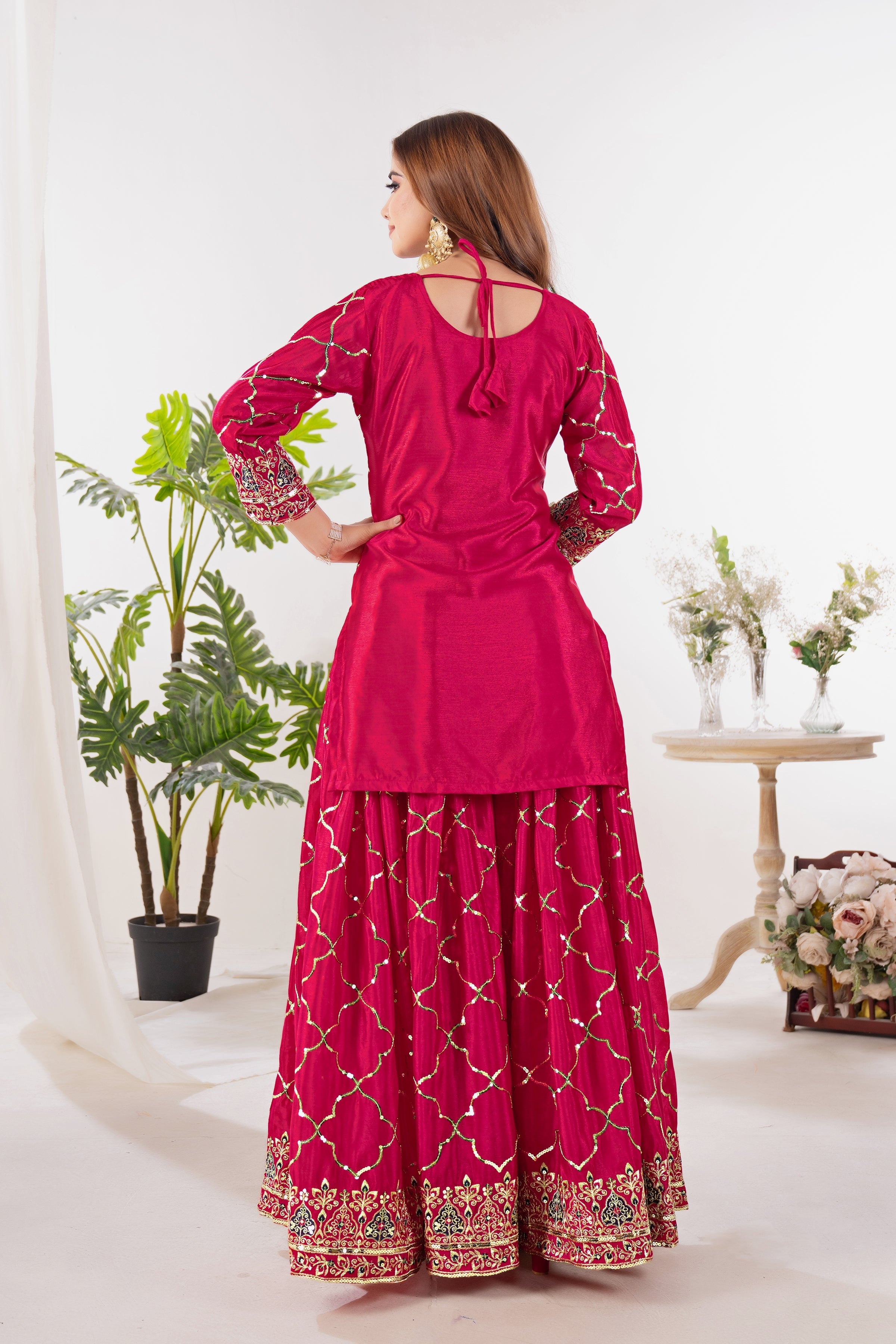 Yash Enterprise Red Chinnon Silk Embroidery Party Wear Suit Set - Distacart