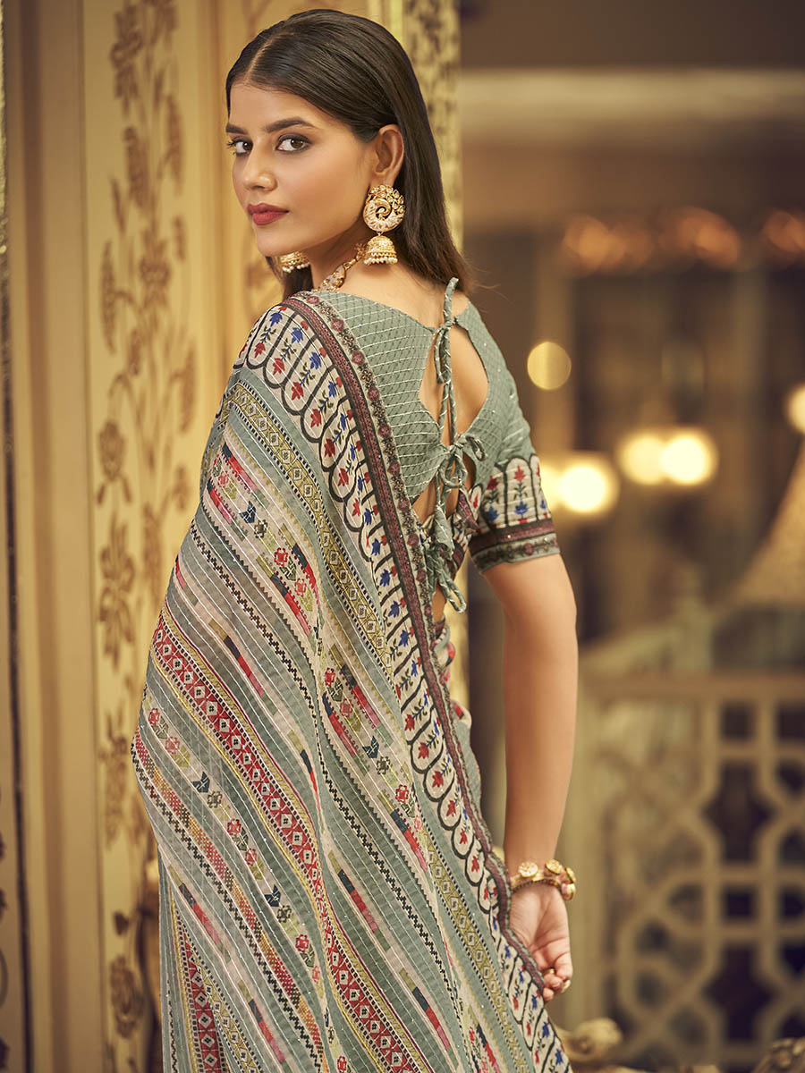Myra Multicolour Gorgette Designer Saree - Distacart