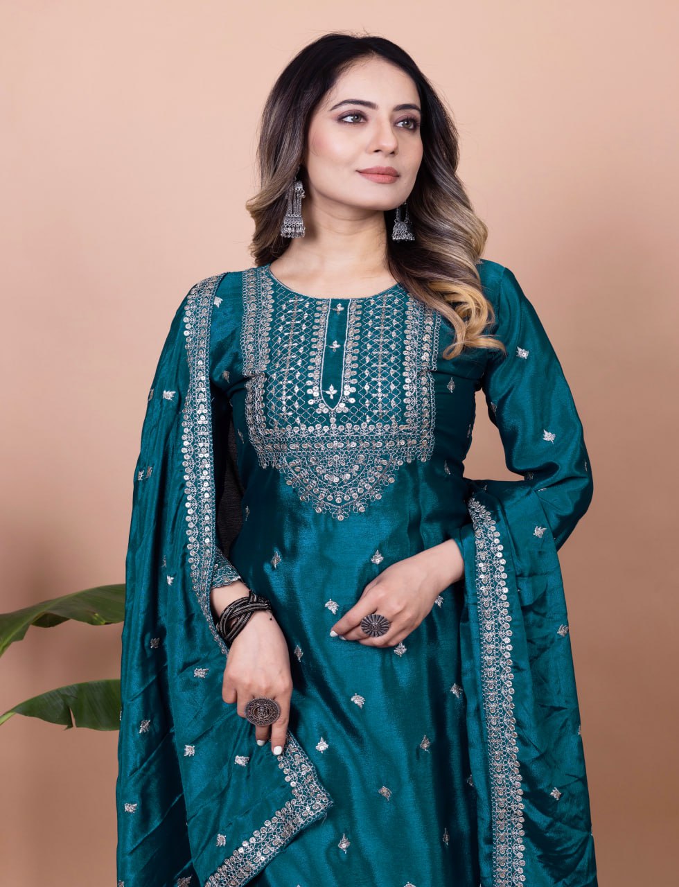 Yash Enterprise Rama Green Chinon Silk Embroidery Party Wear Suit Set - Distacart