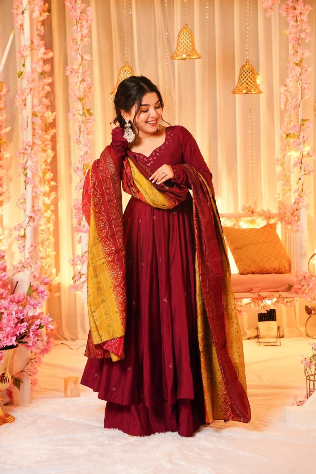 Yash Enterprise Festive Special Chinon Silk Partywear Designer Gown With Palazzo & Dupatta Set - Distacart