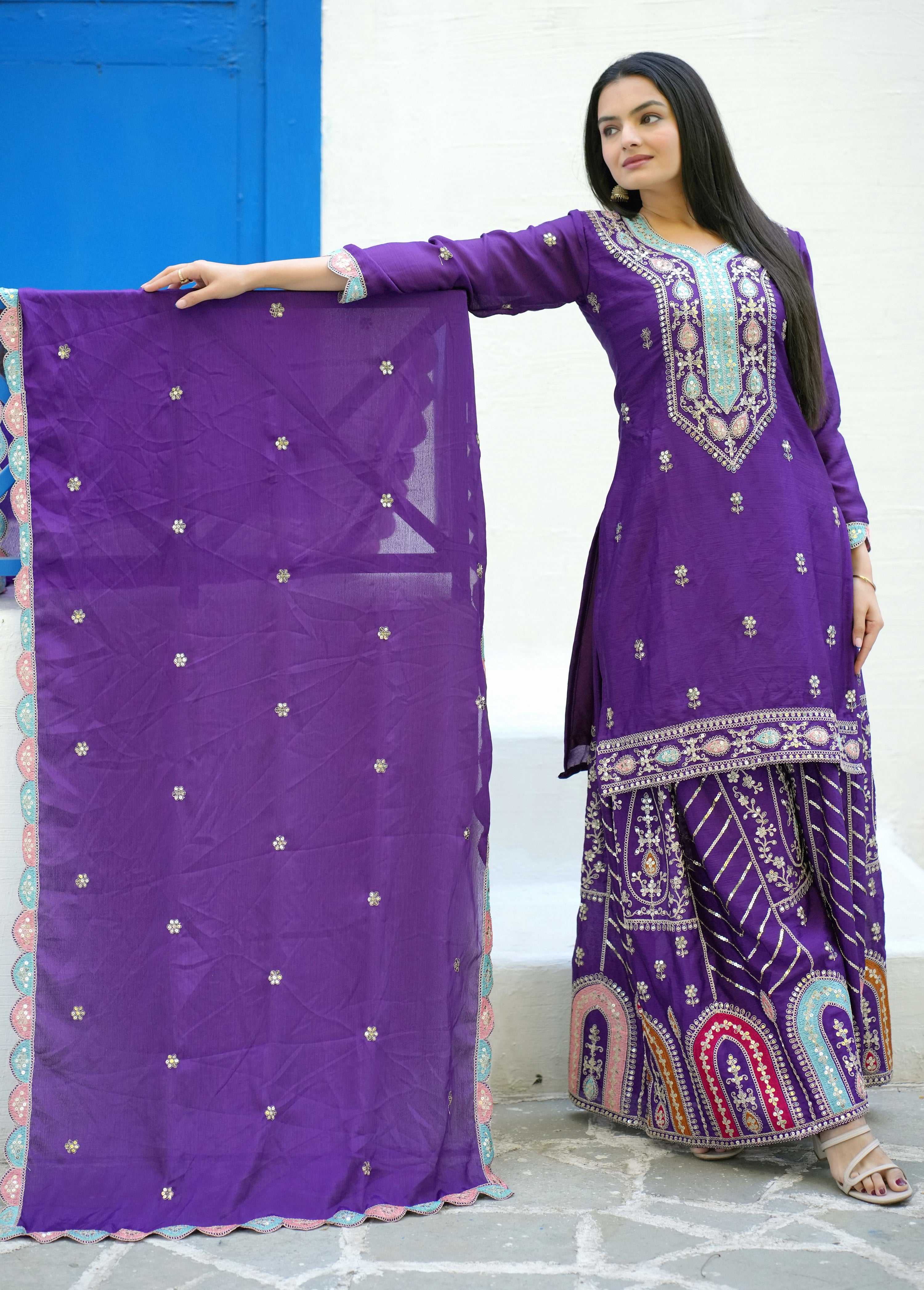 Yash Enterprise New Designer Embroidered Chinon With Sequence Blue Readymade Salwar Suit - Distacart